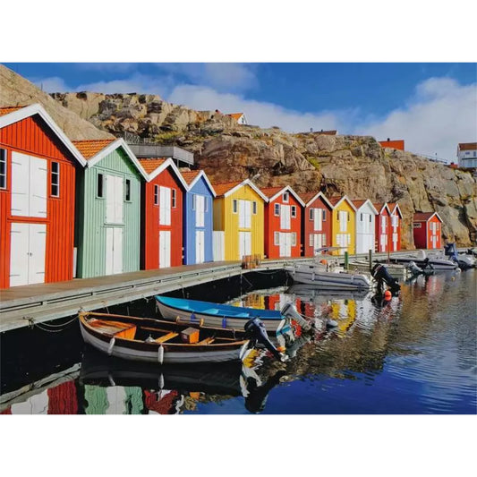 Cabanes de bateaux colorées en Suède | Grand format 100 pièces