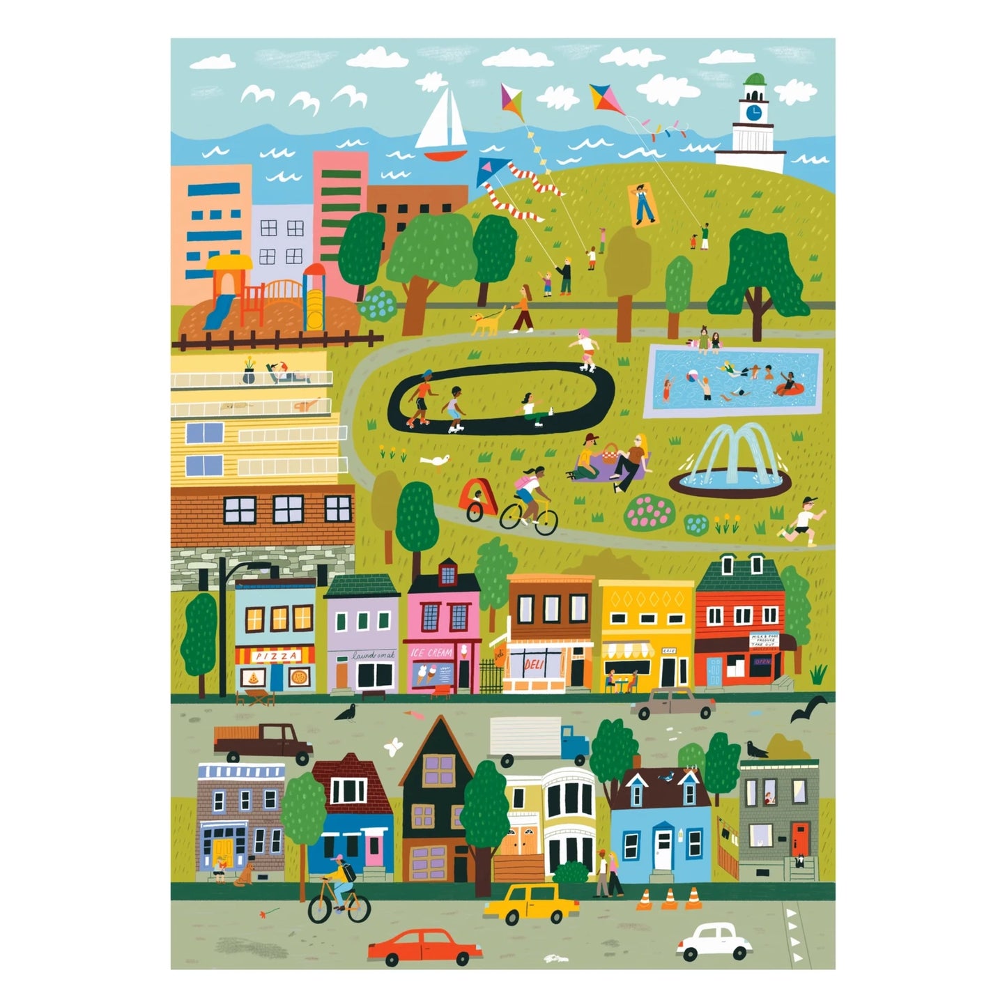 Illustration of a colorful cityscape with buildings, roads, and people in a park.