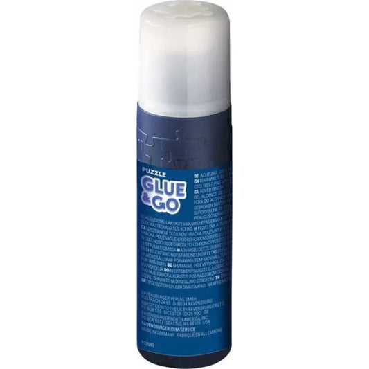 Blue bottle of Puzzle Glue & Go on a white background