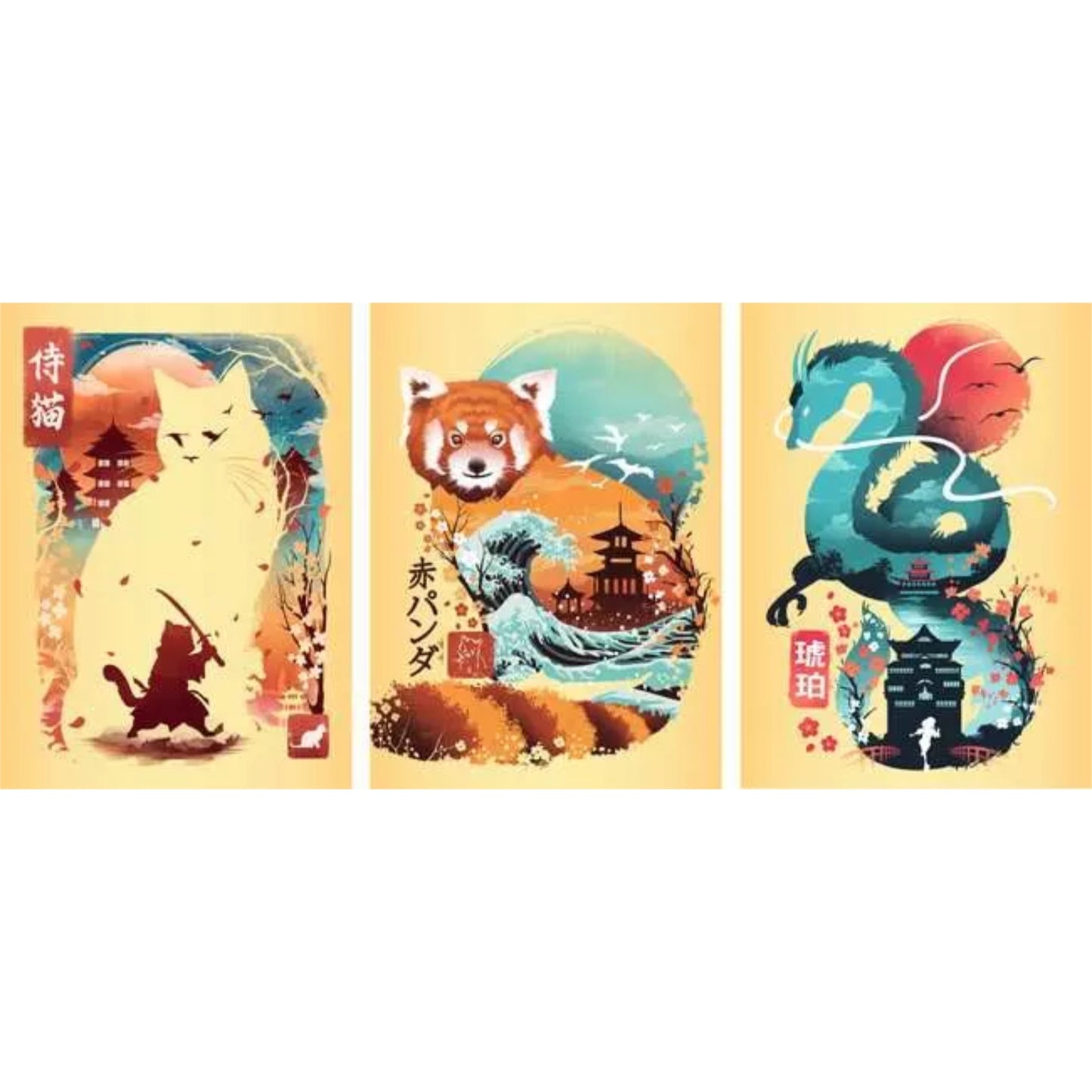 Chat, panda roux et dragon Ukyio-E | 100 pièces (x3)