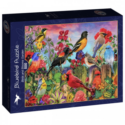 Jigsaw puzzle box featuring colorful birds and flowers