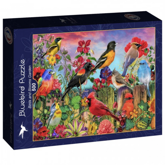 Jigsaw puzzle box featuring colorful birds and flowers