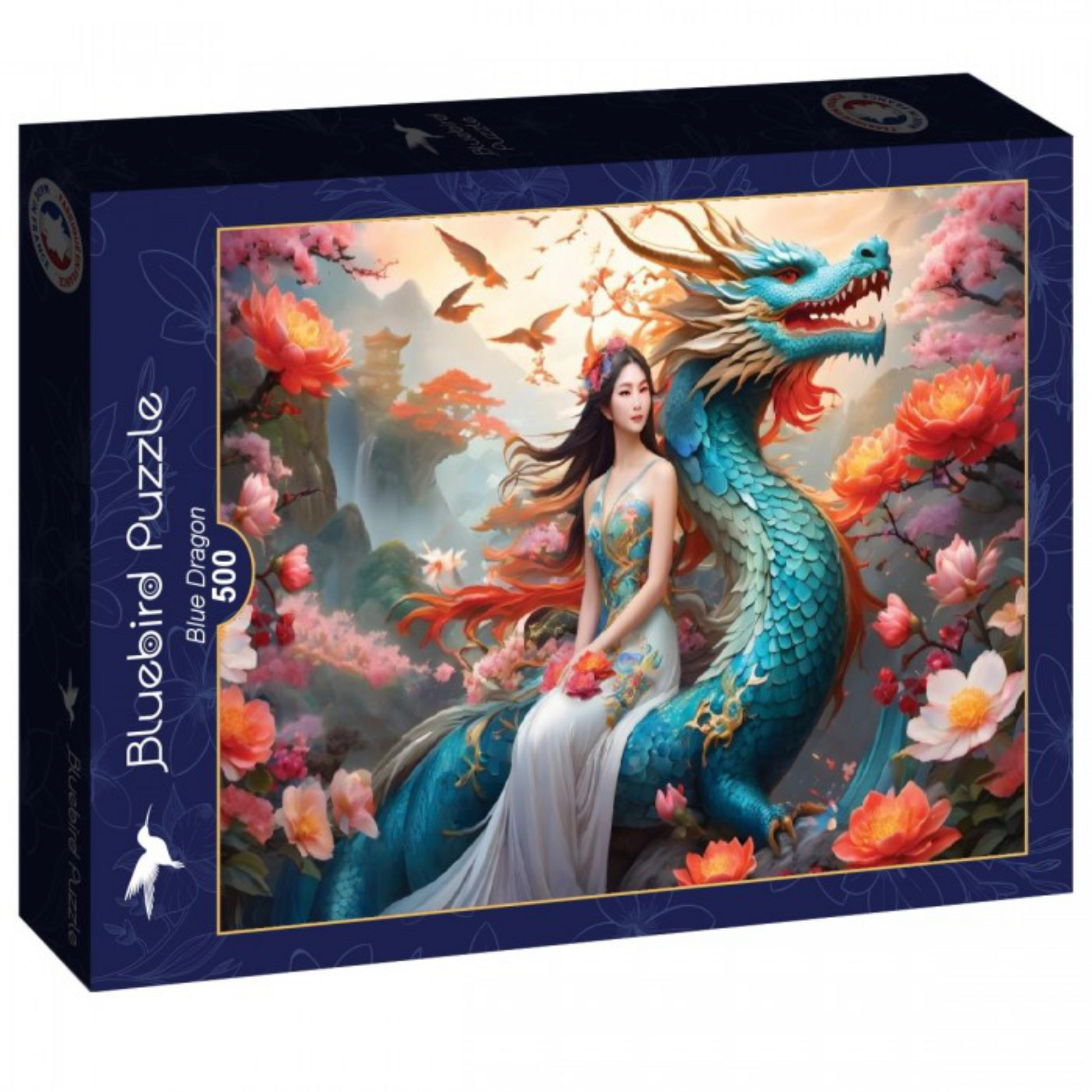 Puzzle box featuring a dragon and woman design with 'Bluebird Puzzle' branding.