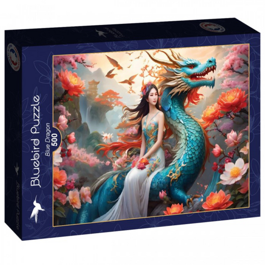 Puzzle box featuring a dragon and woman design with 'Bluebird Puzzle' branding.