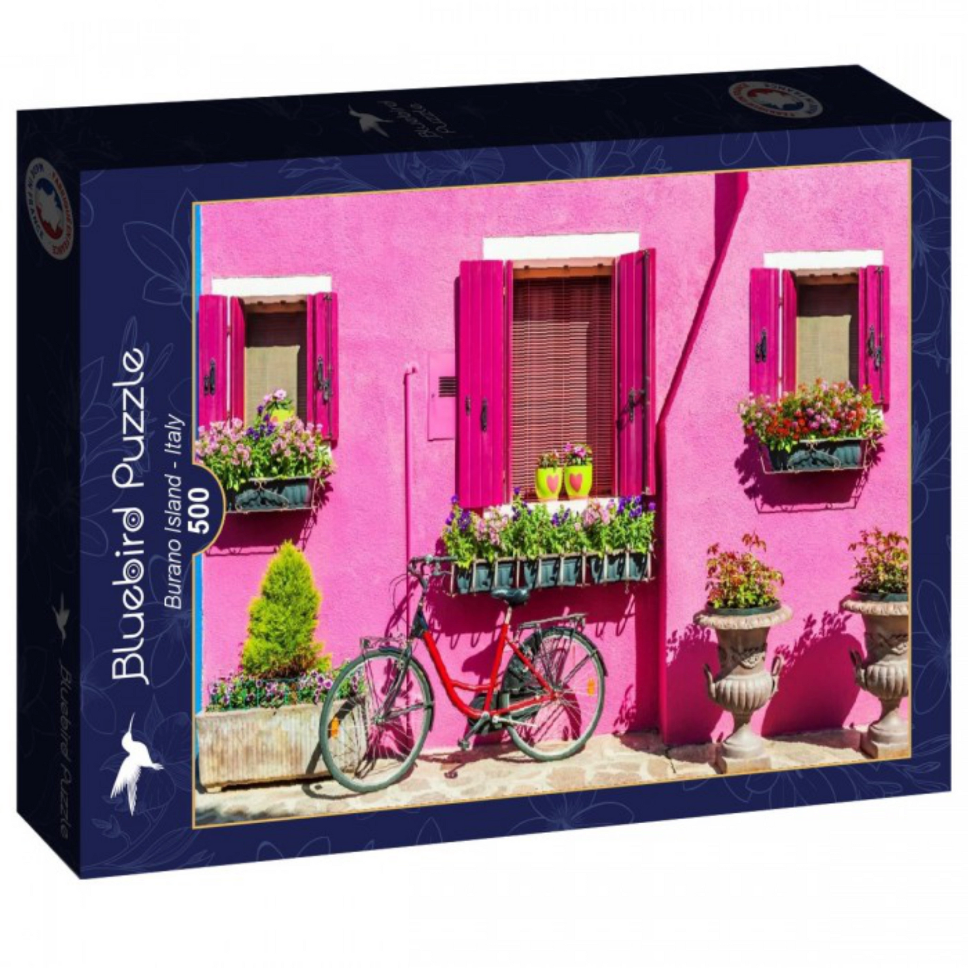 Jigsaw puzzle box with a pink building and bicycle design, featuring Bluebird Puzzle branding.