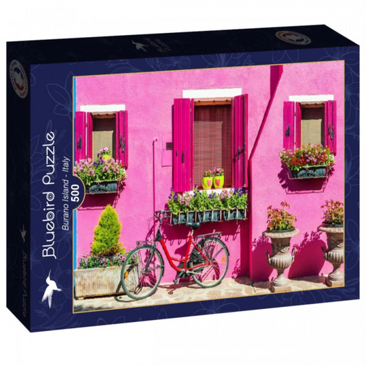 Jigsaw puzzle box with a pink building and bicycle design, featuring Bluebird Puzzle branding.