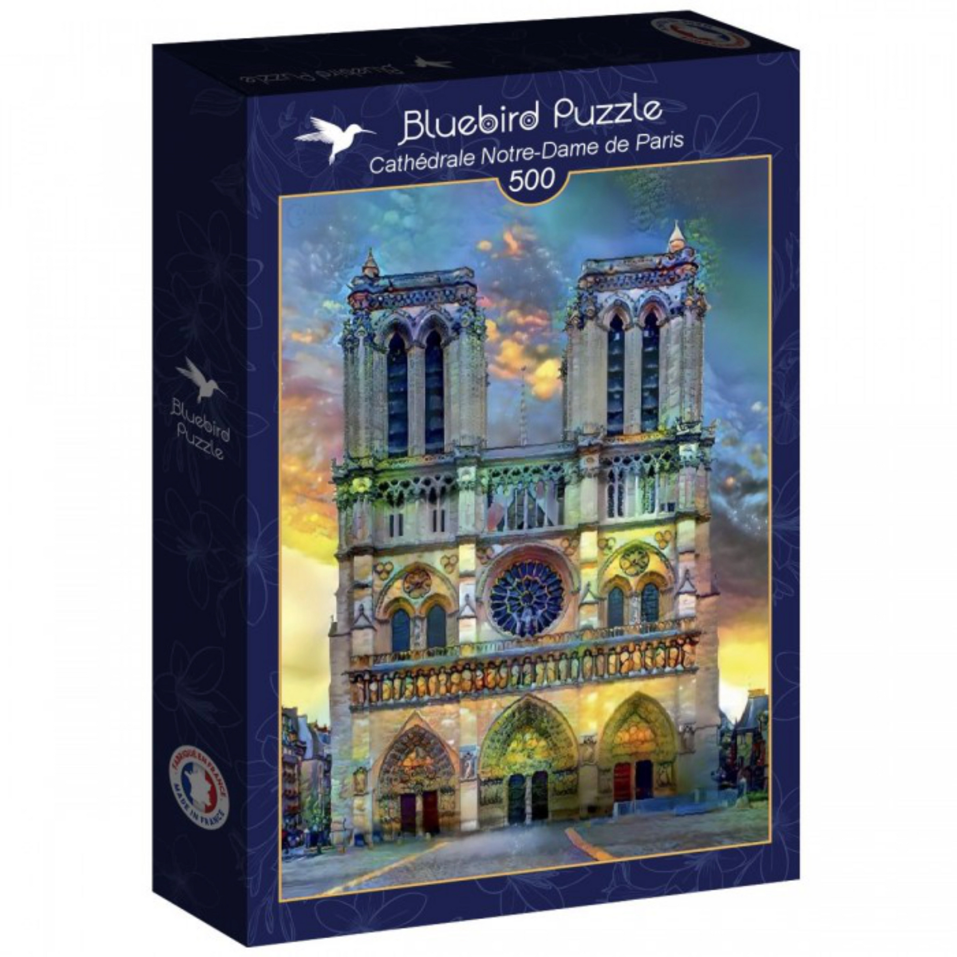 Bluebird Puzzle packaging featuring Notre-Dame Cathedral with a blue background