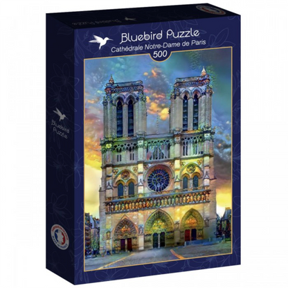 Bluebird Puzzle packaging featuring Notre-Dame Cathedral with a blue background