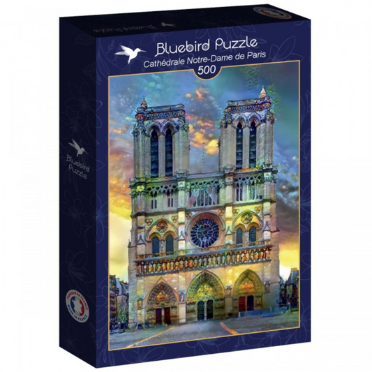 Bluebird Puzzle packaging featuring Notre-Dame Cathedral with a blue background