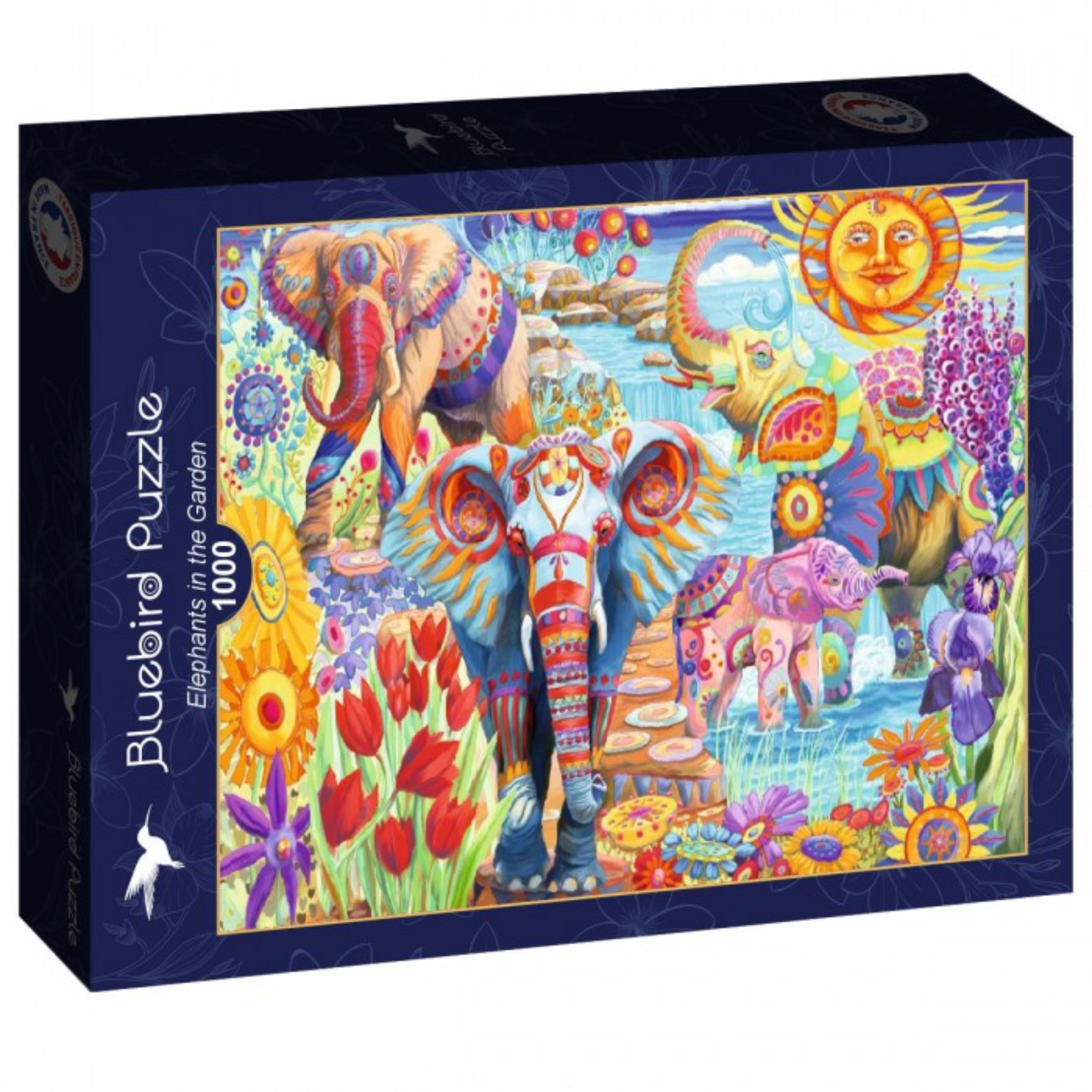 Jigsaw puzzle box with colorful elephants and flowers design