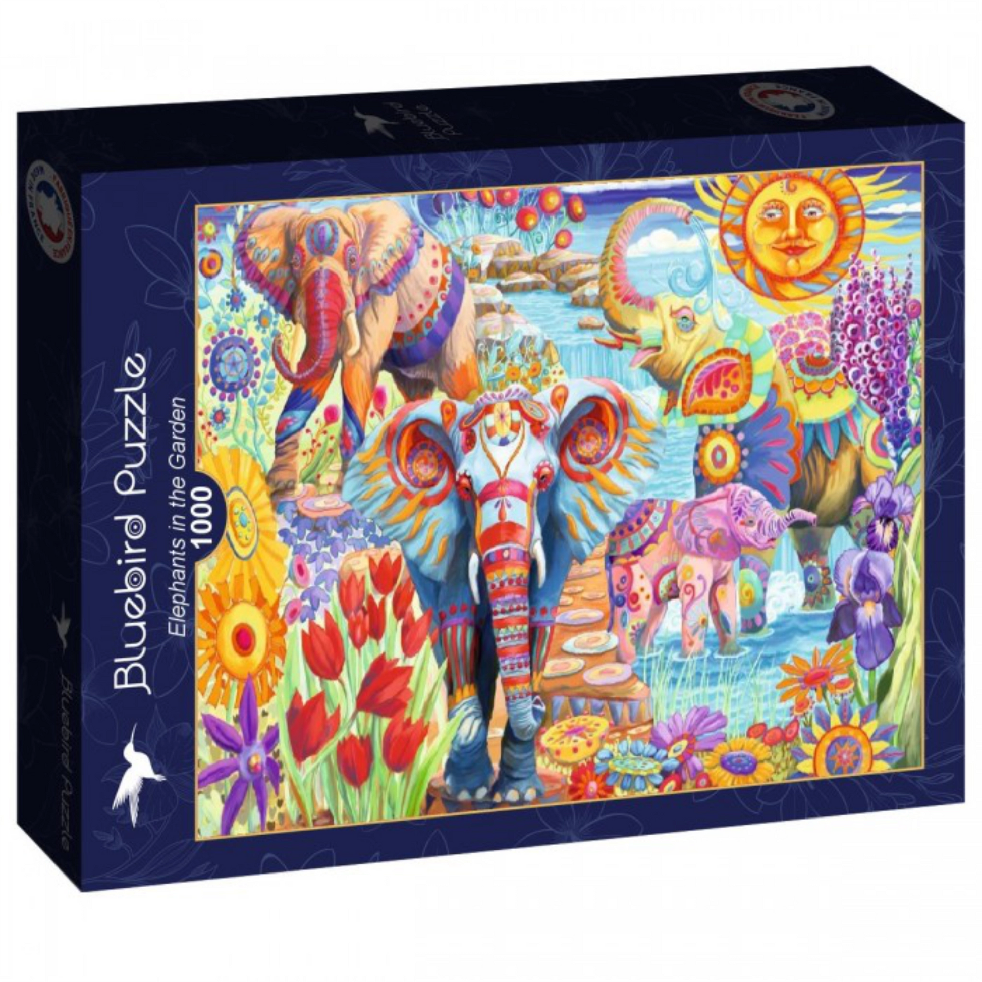 Jigsaw puzzle box with colorful elephants and flowers design