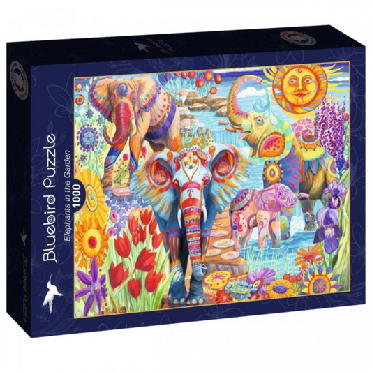 Jigsaw puzzle box with colorful elephants and flowers design