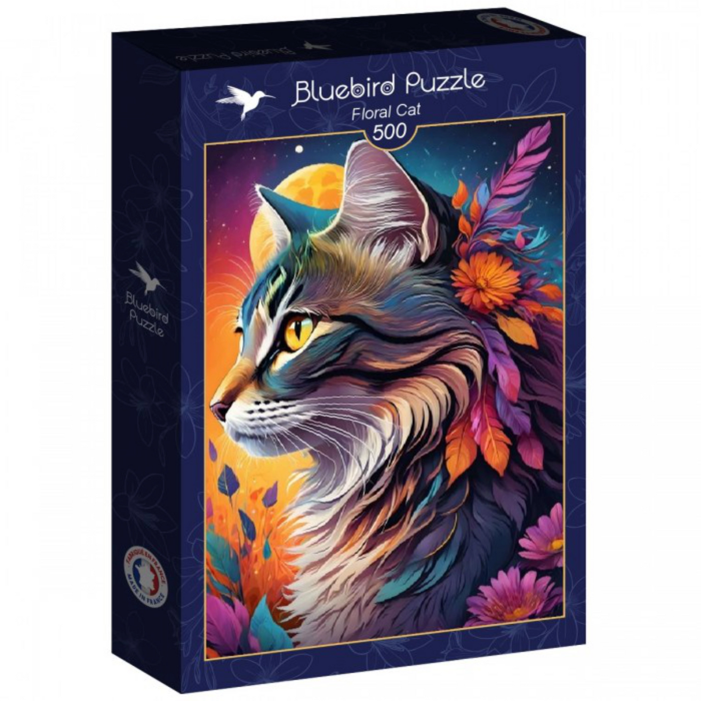 Jigsaw puzzle box featuring a colorful cat illustration with floral elements