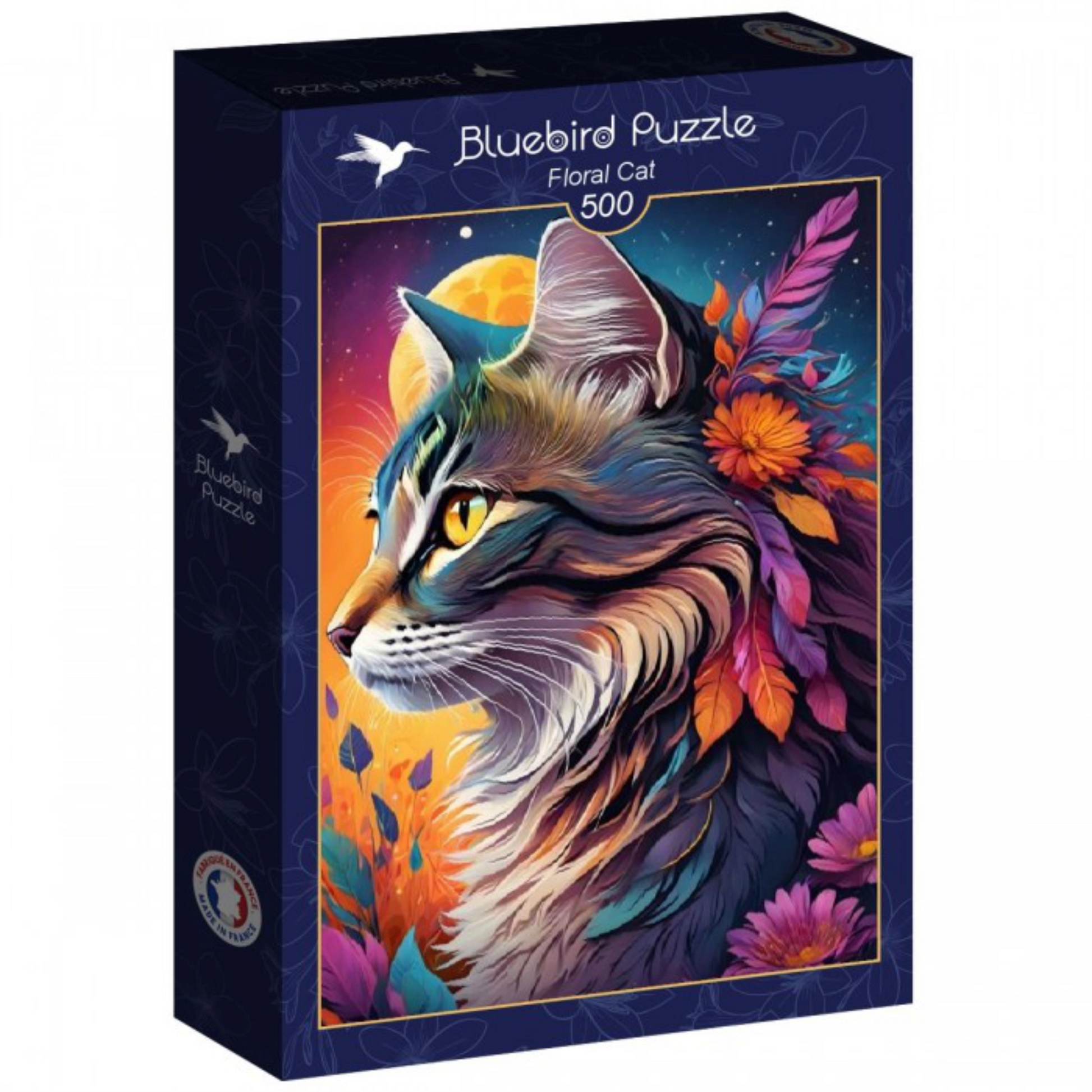 Jigsaw puzzle box featuring a colorful cat illustration with floral elements