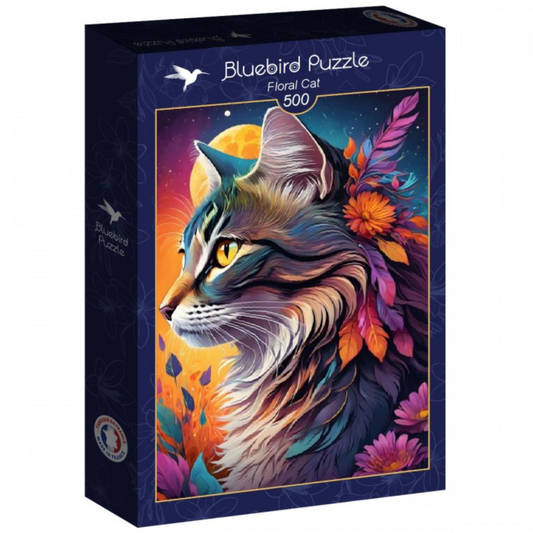 Jigsaw puzzle box featuring a colorful cat illustration with floral elements