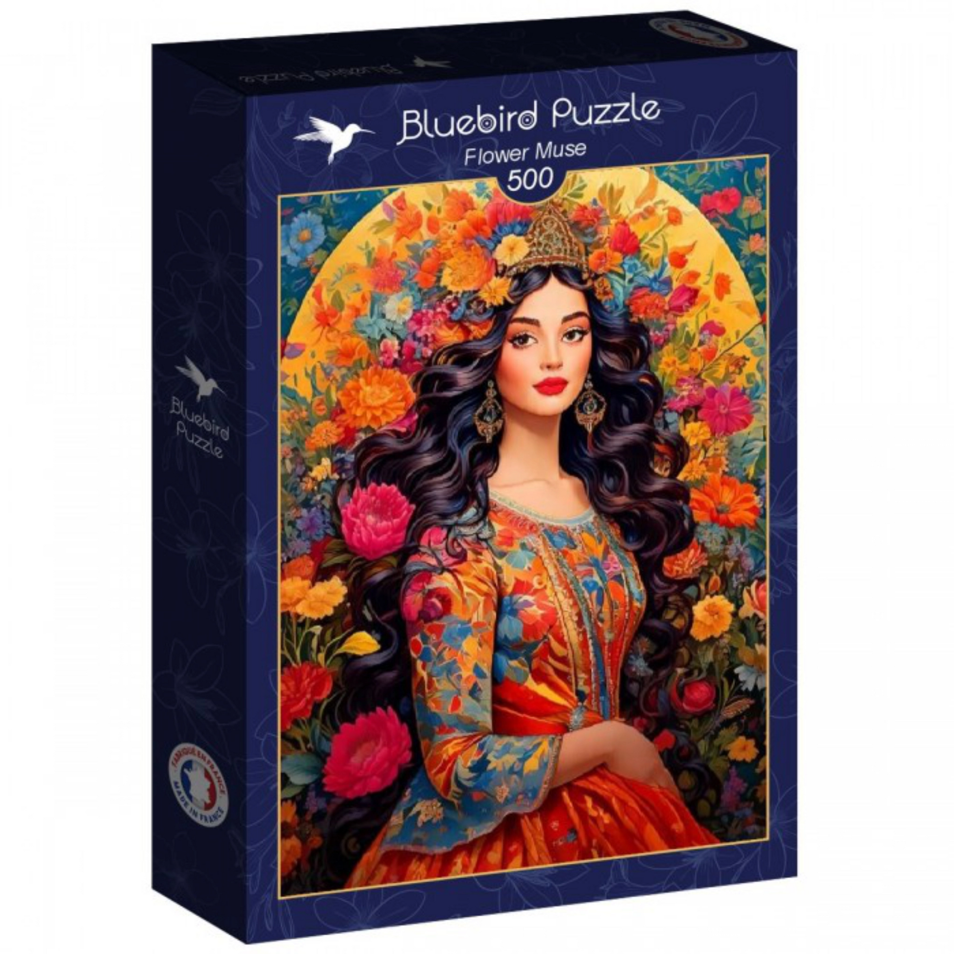Jigsaw puzzle box featuring a woman with flowers and the brand 'Bluebird Puzzle'.