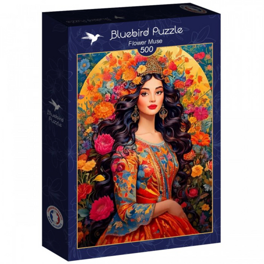 Jigsaw puzzle box featuring a woman with flowers and the brand 'Bluebird Puzzle'.