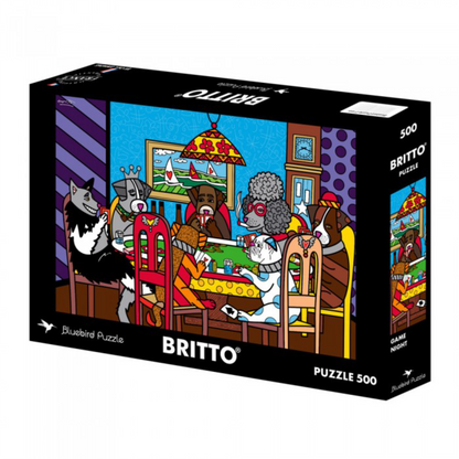 Jigsaw puzzle box featuring artwork of dogs at a table with 'Britto' branding