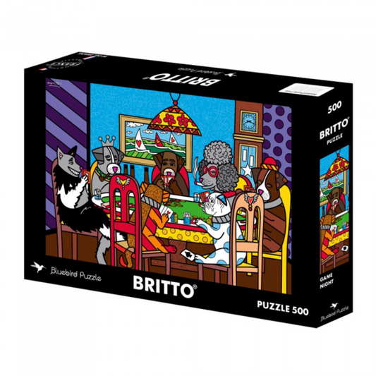 Jigsaw puzzle box featuring artwork of dogs at a table with 'Britto' branding