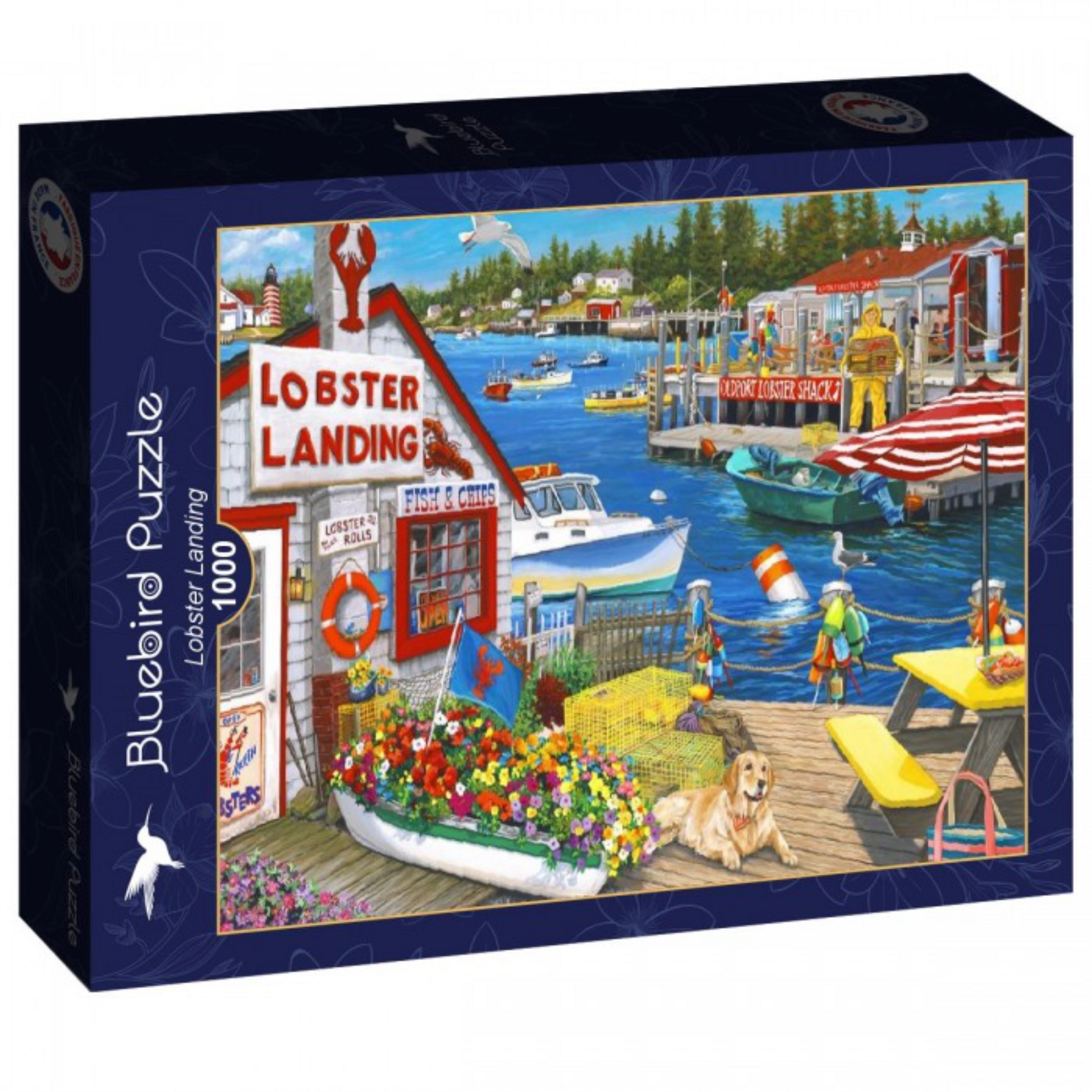 Jigsaw puzzle box featuring a coastal scene with 'Lobster Landing' and a dog on a dock.