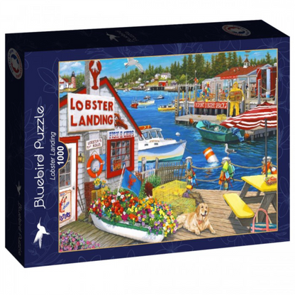 Jigsaw puzzle box featuring a coastal scene with 'Lobster Landing' and a dog on a dock.