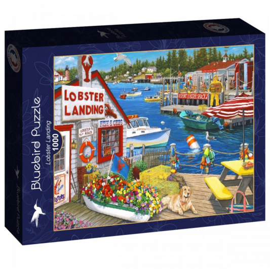 Jigsaw puzzle box featuring a coastal scene with 'Lobster Landing' and a dog on a dock.