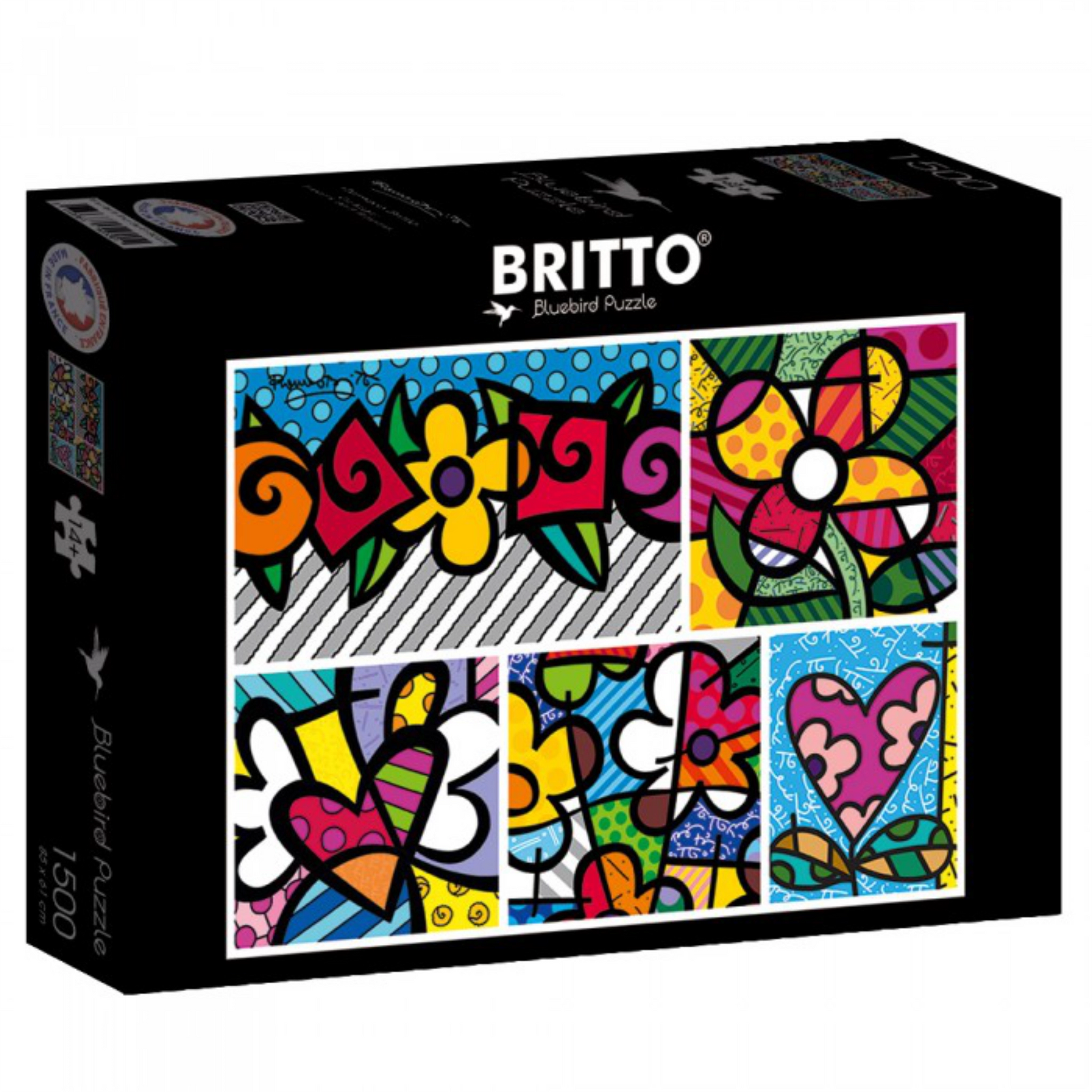 Britto puzzle box with colorful floral designs on a white background