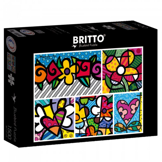Britto puzzle box with colorful floral designs on a white background