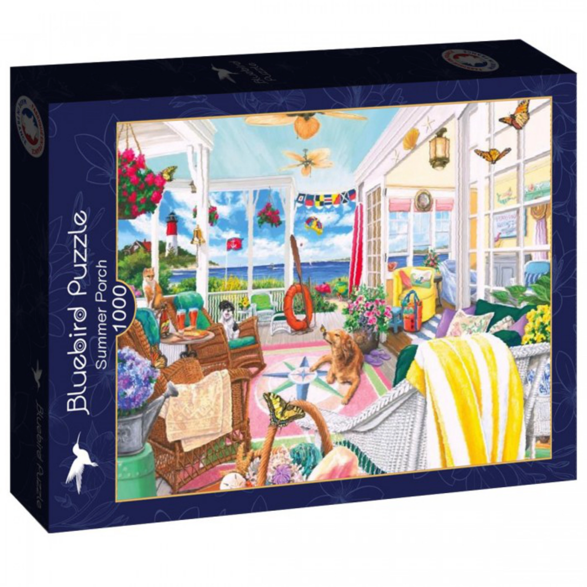 Jigsaw puzzle box with a colorful summer porch scene on a white background