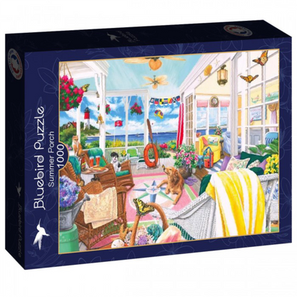 Jigsaw puzzle box with a colorful summer porch scene on a white background