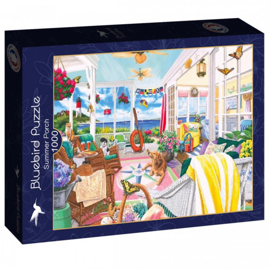 Jigsaw puzzle box with a colorful summer porch scene on a white background