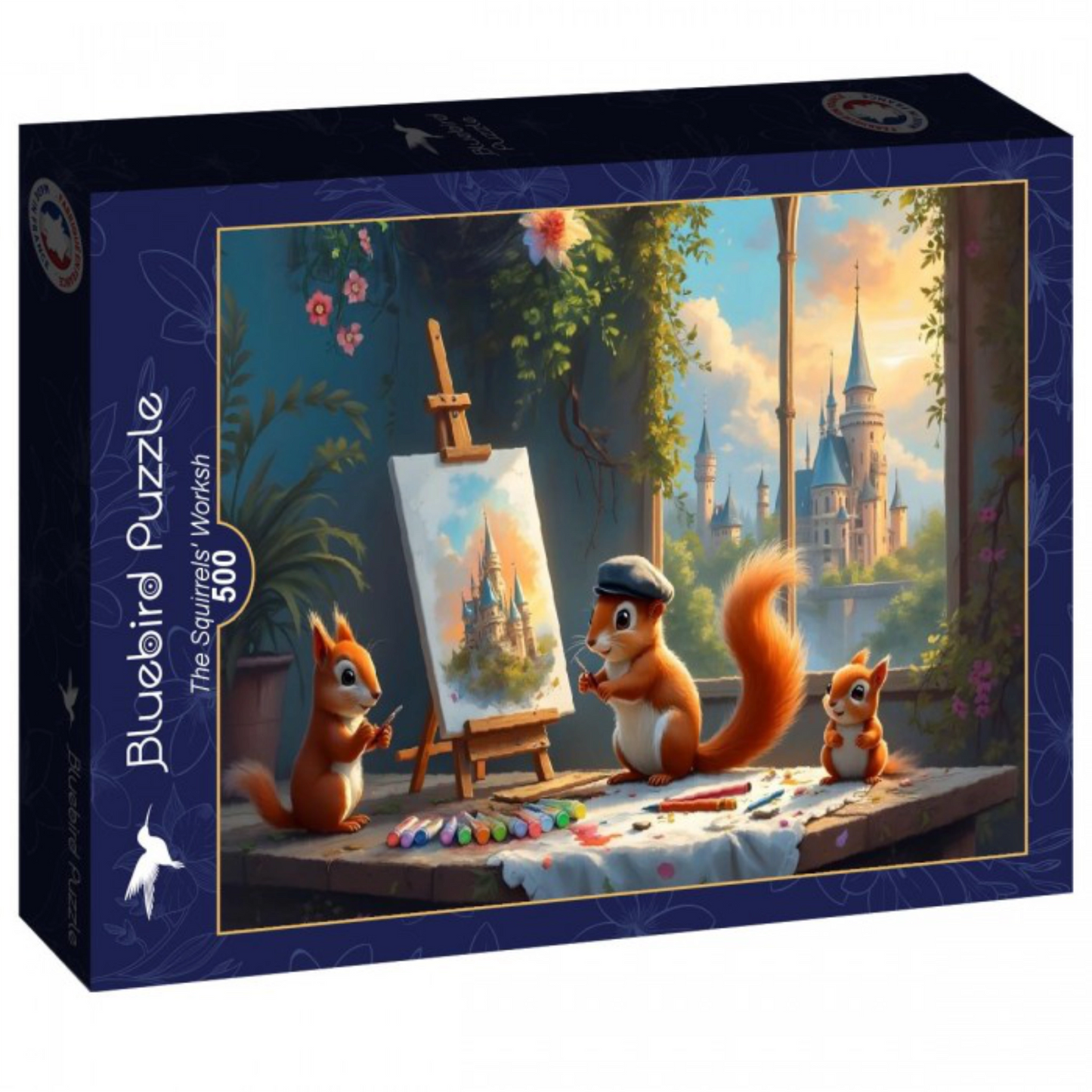 Puzzle box featuring squirrels painting a castle scene with 'Bluebird Puzzle' branding.