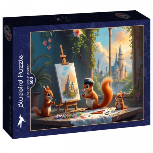 puzzle box featuring squirrels painting a castle scene with 'Bluebird puzzle' branding.