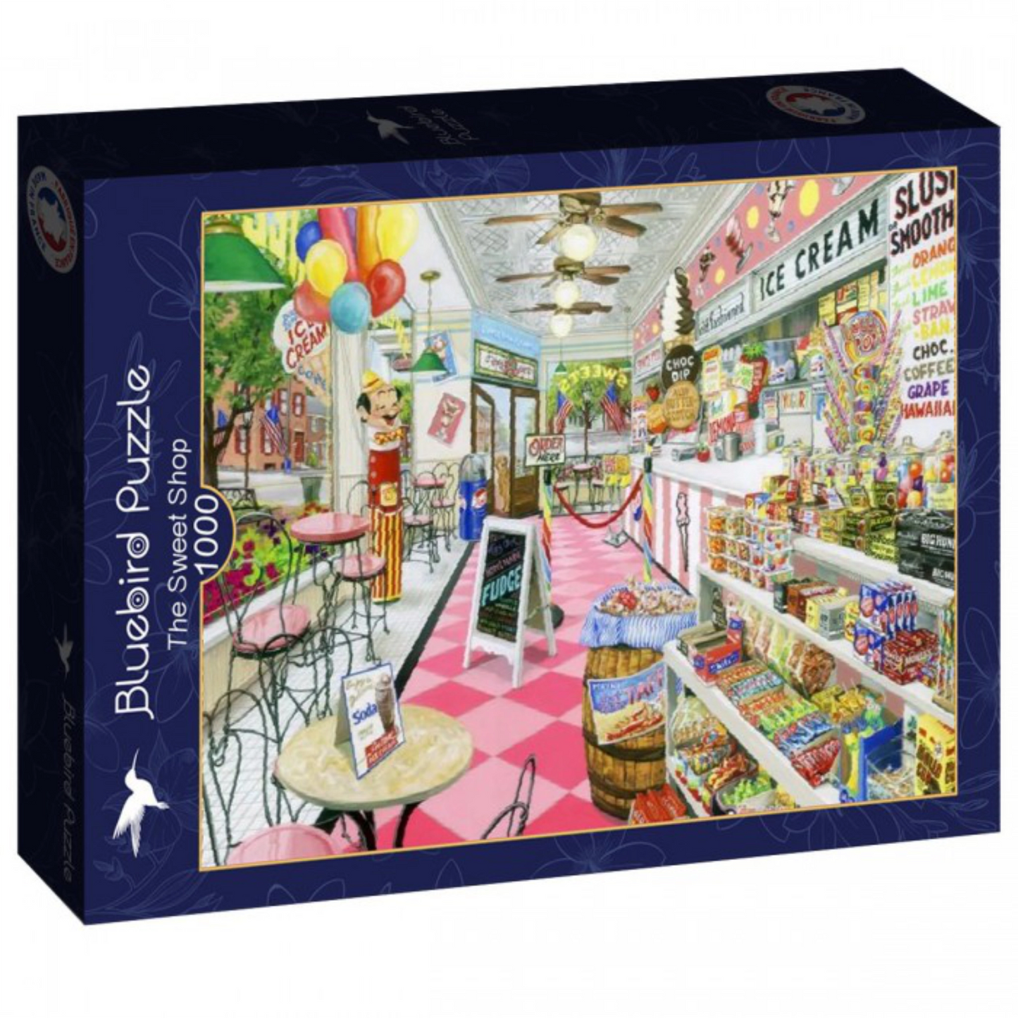 Jigsaw puzzle box featuring a colorful illustration of a candy store.