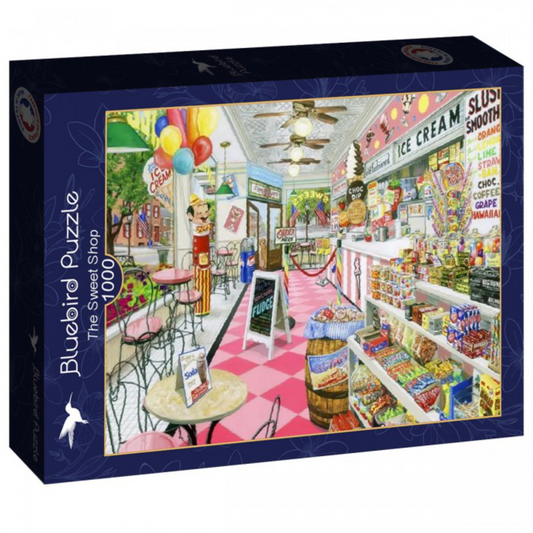 Jigsaw puzzle box featuring a colorful illustration of a candy store.