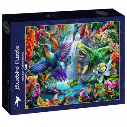 Jigsaw puzzle box featuring colorful tropical birds and a waterfall