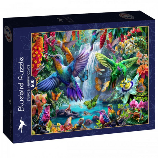 Jigsaw puzzle box featuring colorful tropical birds and a waterfall