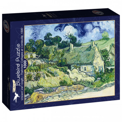 Jigsaw puzzle box featuring a painting of a thatched cottage by Vincent van Gogh